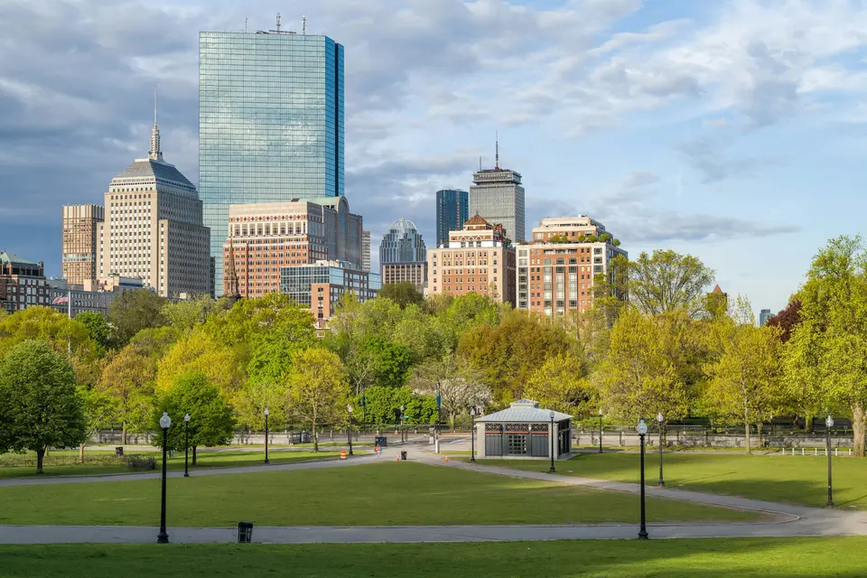 green grass field with trees and buildings in distance under white clouds and blue sky during — Boston