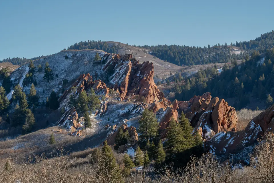 a snow covered mountain with pine trees in the foreground — Denver